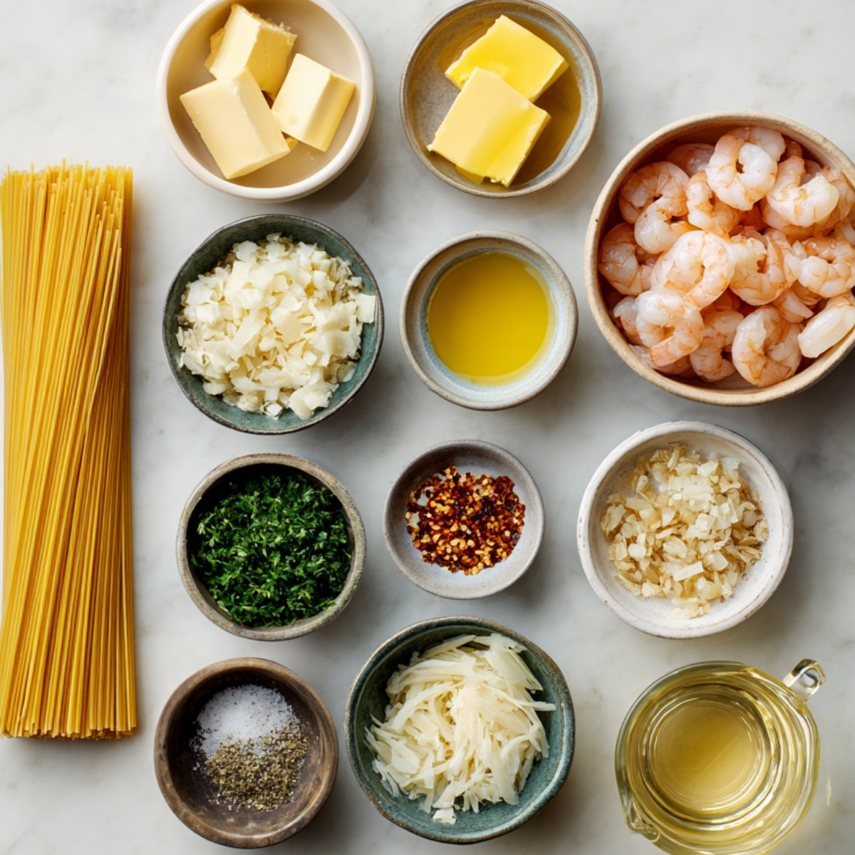A flat‑lay of uncooked scampi ingredients on a marble surface: a handful of raw peeled shrimp in a bowl, butter cubes, olive oil, chopped onion and garlic, red pepper flakes, minced parsley, grated cheese, spaghetti, salt and pepper, and a glass of white wine