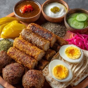 A wooden board piled with grilled ground‑beef kofta logs and round meatballs, accompanied by halved soft‑boiled eggs, bright pink pickled onions, sliced pickles, chia seeds, sliced cucumber in a wooden bowl, creamy yogurt sauce with olive oil and sliced peppers, and a spicy red chili sauce in small wooden bowls.