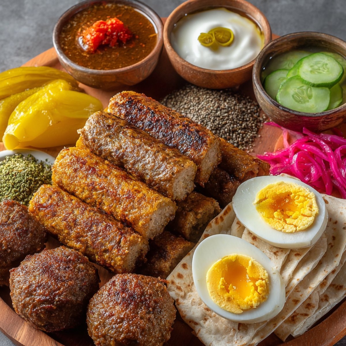 A wooden board piled with grilled ground‑beef kofta logs and round meatballs, accompanied by halved soft‑boiled eggs, bright pink pickled onions, sliced pickles, chia seeds, sliced cucumber in a wooden bowl, creamy yogurt sauce with olive oil and sliced peppers, and a spicy red chili sauce in small wooden bowls.