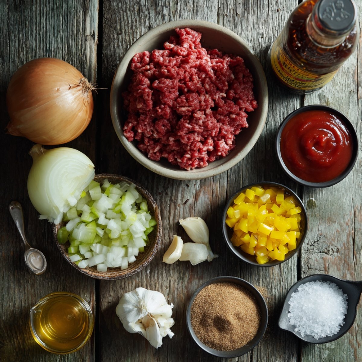 A top‑down flat‑lay of Sloppy Joe ingredients on a weathered wood surface: a bowl of raw ground beef, whole and halved yellow onions, diced green bell pepper in a small bowl, garlic cloves, tomato sauce in a black ramekin, ketchup, brown sugar in a round dish, coarse salt in a black scoop, and apple cider vinegar in a small glass.