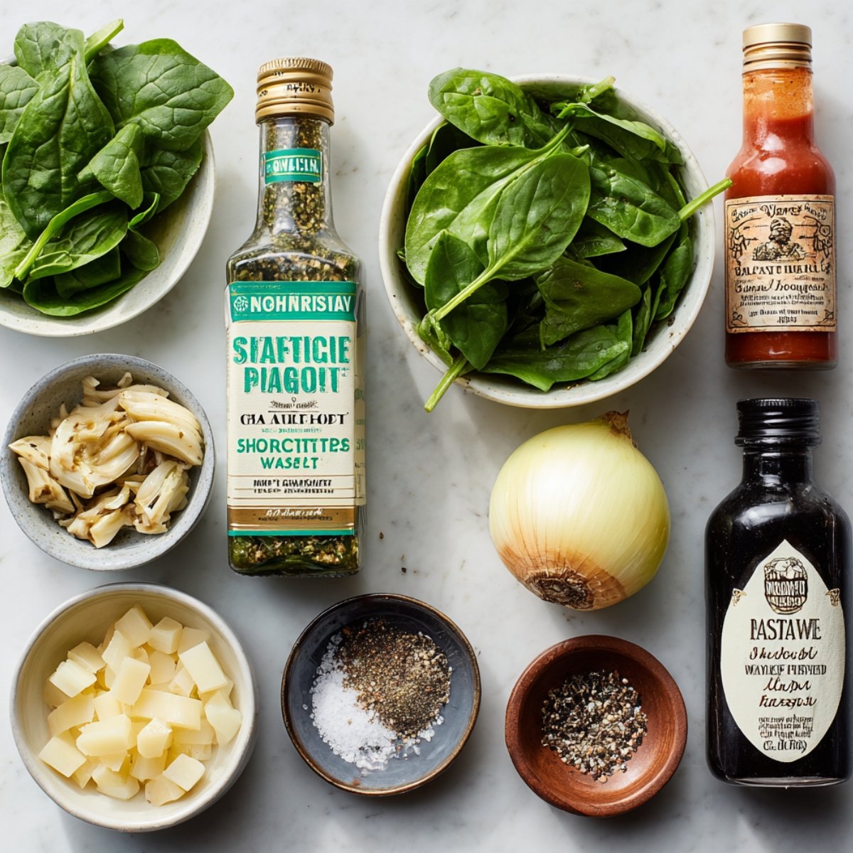 Top‑down view of a marble countertop with a bowl of fresh baby spinach leaves, a small dish of marinated artichoke hearts, a yellow onion, a bottle of hot sauce, a bottle of Worcestershire sauce, and small bowls of sea salt and cracked black pepper arranged neatly
