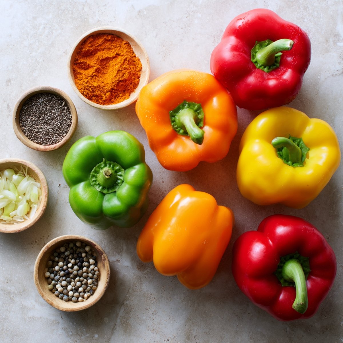 Assorted red, yellow, orange, and green bell peppers arranged around tiny bowls of paprika, black pepper, mixed peppercorns, and sliced garlic on a pale countertop.
