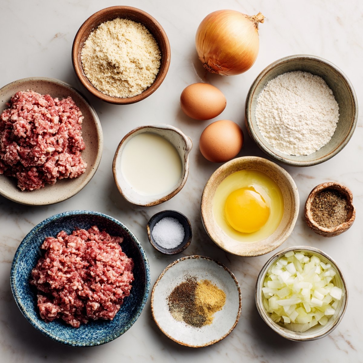 Ingredients for making meatballs including ground meat, eggs, milk, breadcrumbs, chopped onions, flour, salt, pepper, and seasonings, displayed in ceramic bowls and plates.