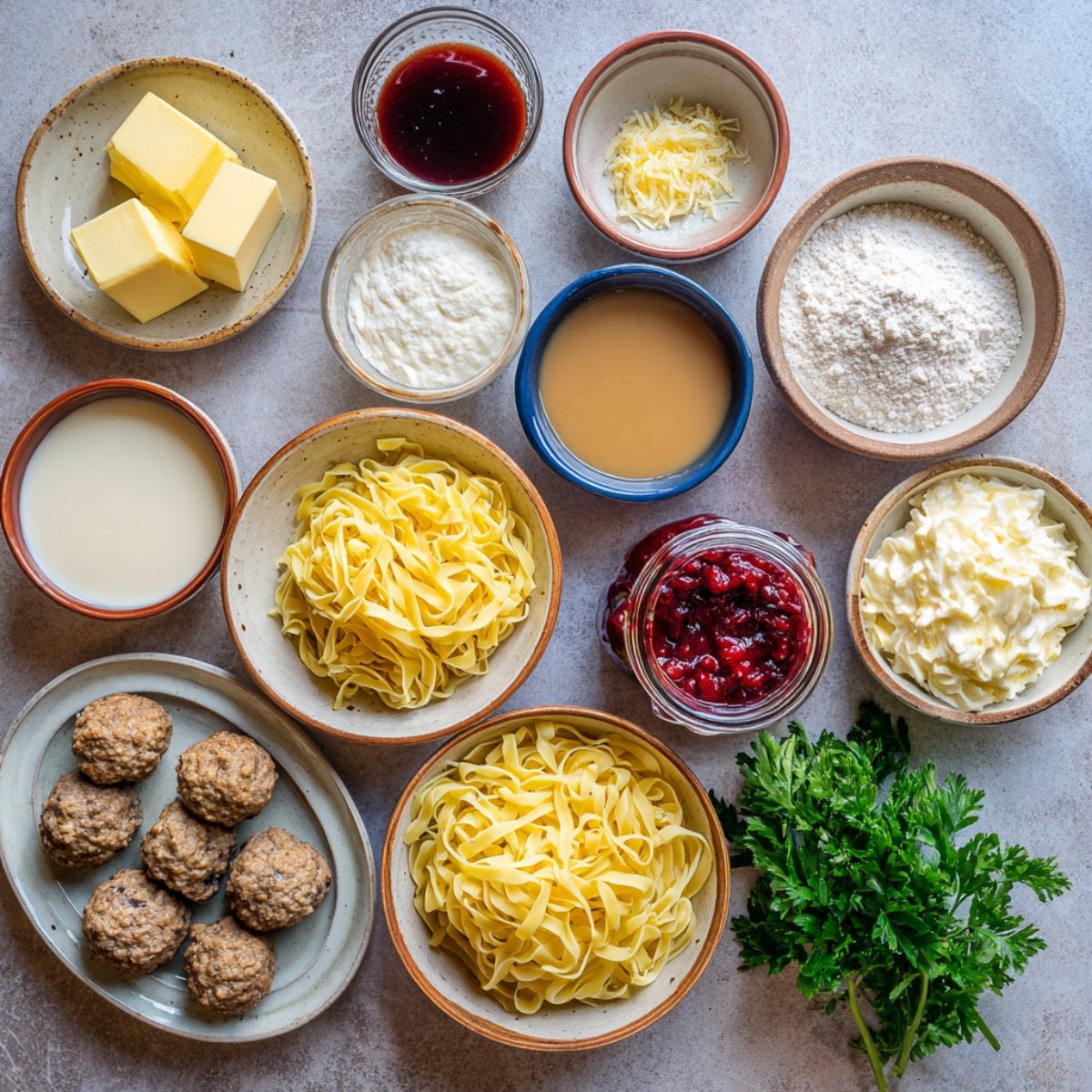 Various ingredients for Swedish meatball dishes including tagliatelle pasta, butter, milk, flour, cream, lingonberry jam, grated cheese, sauces, cooked meatballs, and fresh parsley, all arranged in bowls on a countertop.