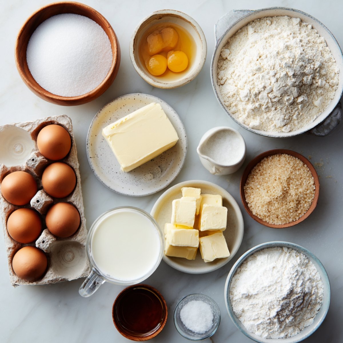 Overhead view of vanilla cake ingredients on a marble countertop: a bowl of granulated sugar, a bowl of cake flour, a bowl of coarse sea salt, a plate of unsalted butter (whole and cubed), a bowl of buttermilk, a small dish of vanilla bean paste, a bowl with large eggs, and an empty mixing bowl