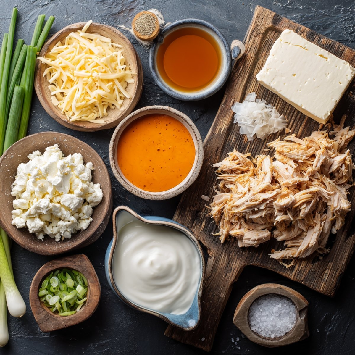 Overhead view of a dark wooden board and slate countertop with all the ingredients for buffalo chicken dip: a pile of shredded rotisserie chicken beside a chunk of cream cheese and a small mound of minced garlic; small bowls holding bright orange buffalo wing sauce, tangy ranch dressing, crumbled white sour cream, sharp cheddar shreds, and mozzarella; sliced green onions in a wooden dish; and a pinch of coarse salt in a tiny bowl.