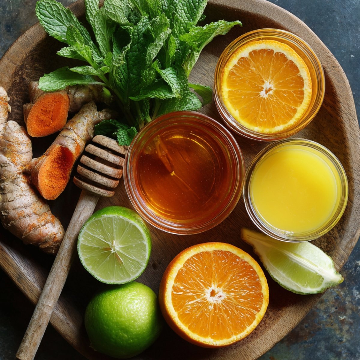 Overhead view of a wooden bowl filled with fresh turmeric roots (some sliced to show bright orange interior), a bunch of mint sprigs, small glass bowls of honey and citrus juices, and halved lime and orange.