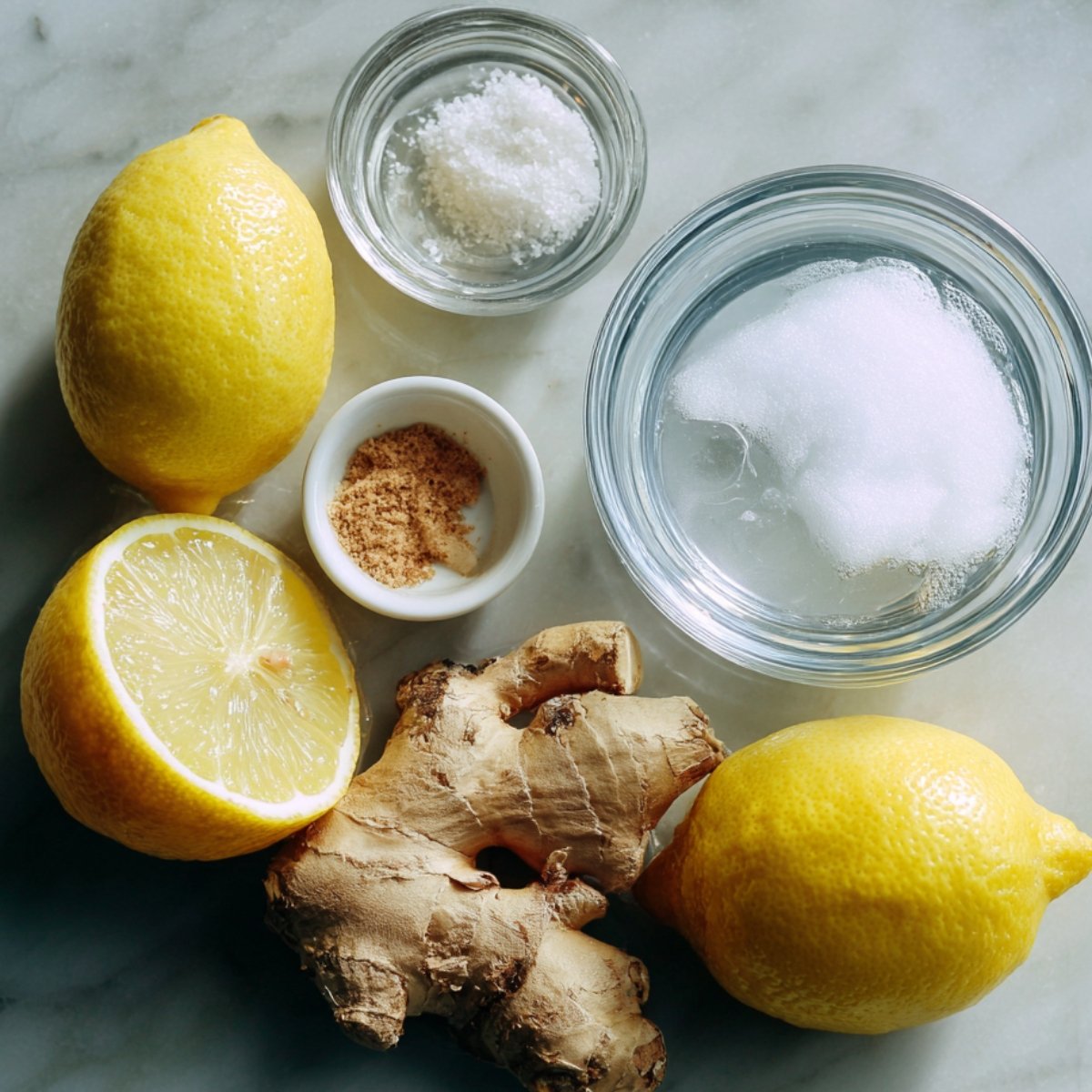 Top‑down shot on a marble surface showing whole and halved lemons, fresh ginger root, a small bowl of sugar, and a tiny dish of ground ginger all ready to be juiced into a morning health shot.