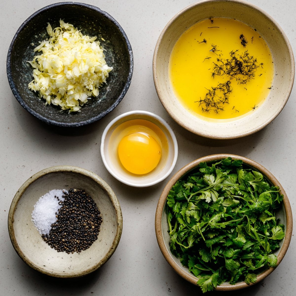 Overhead shot of four small bowls on a pale surface—one with melted butter and flecks of herbs, one with finely minced garlic, one with an egg yolk, and one half‑pepper, half‑sea salt—plus a bowl of fresh cilantro leaves.