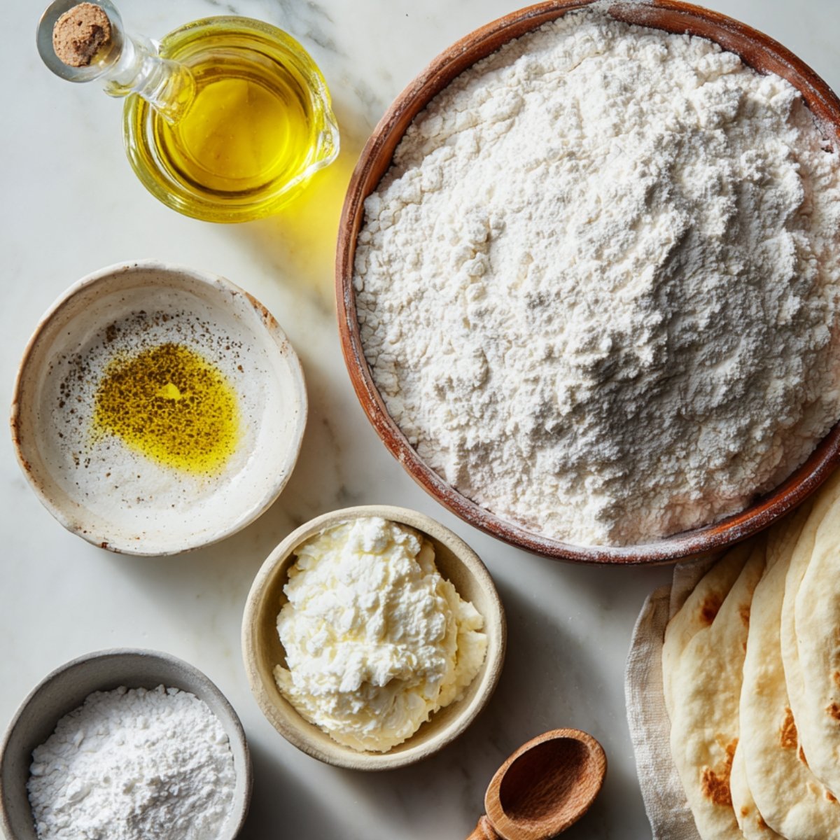 Top‑down view of naan dough ingredients: a large wooden bowl piled with all‑purpose flour, a small bowl of olive oil, a bowl of plain Greek yogurt, a bowl of white powder (baking powder), and a few cooked naan rounds stacked at the edge.