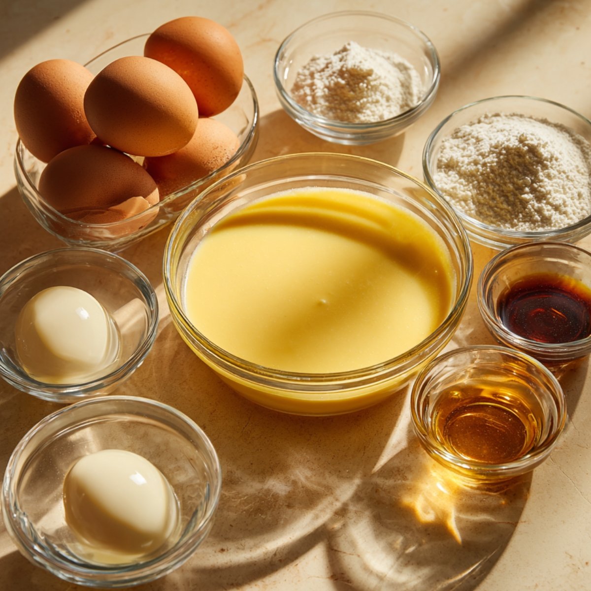 A warm-toned kitchen scene with custard base ingredients: a bowl of smooth yellow custard surrounded by eggs, cornstarch, granulated sugar, vanilla extract, and whole milk, all in small glass bowls.