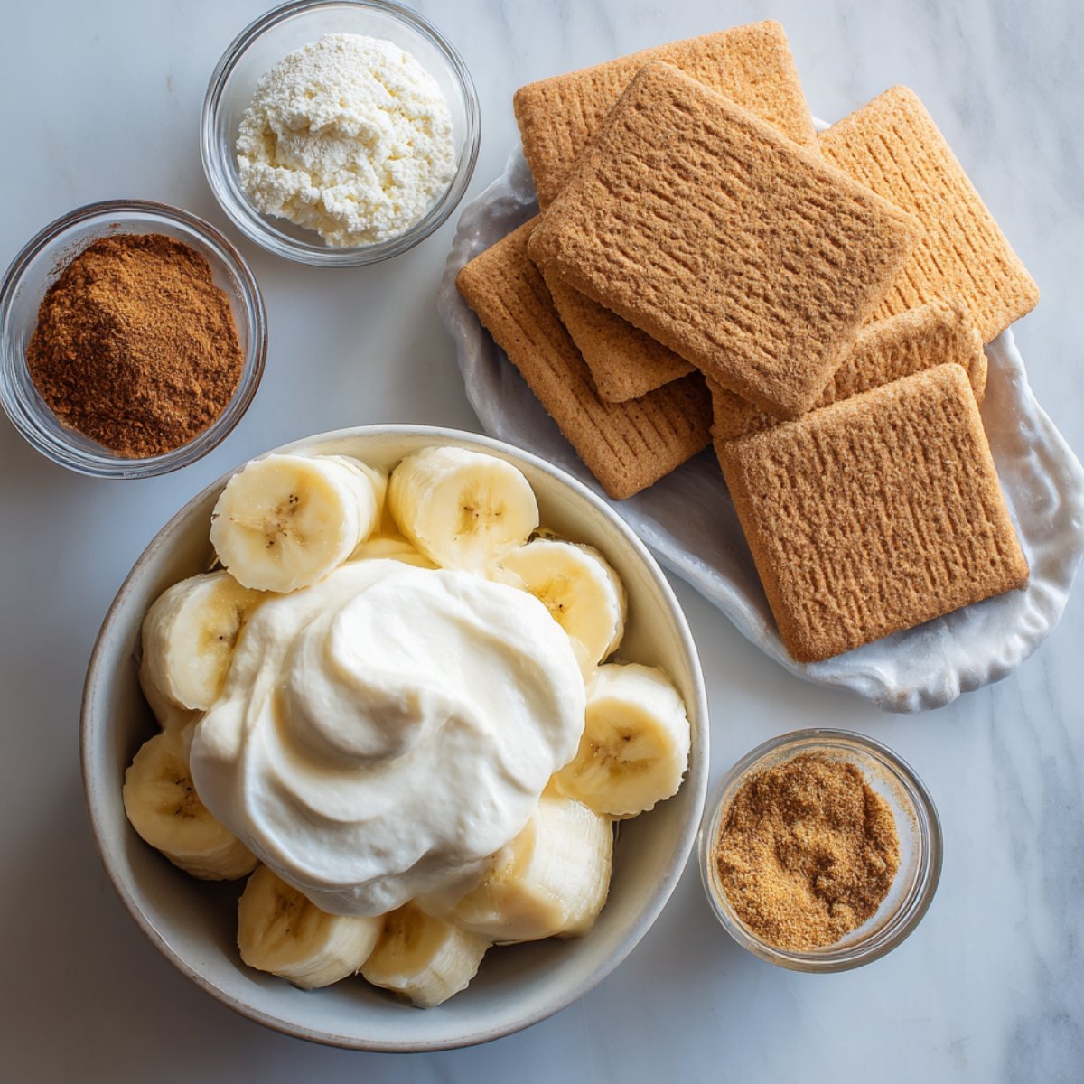Ingredients for banana pudding displayed on a white marble surface: a bowl of sliced bananas topped with whipped cream, square vanilla wafers, bowls of powdered ingredients, and brown sugar.