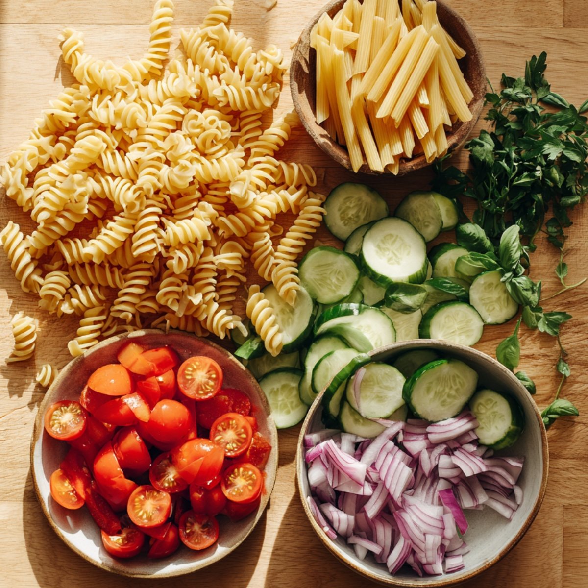Overhead view on a wooden board of uncooked rotini and penne in bowls, sliced cucumber rounds, halved cherry tomatoes, diced red onion, and a handful of fresh parsley and basil leaves