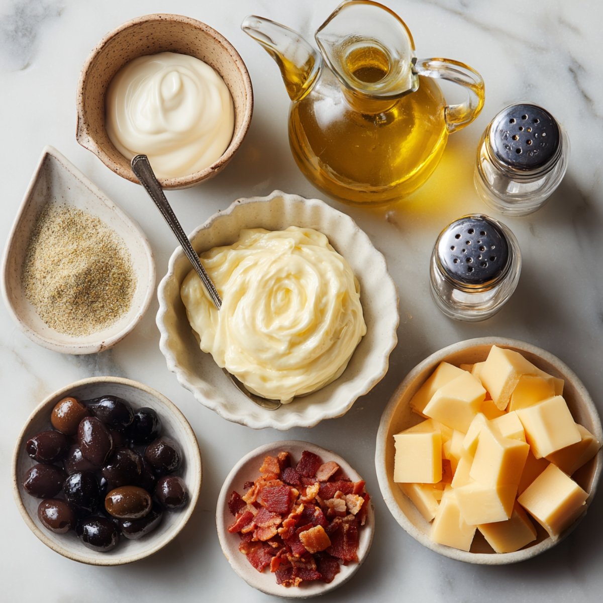 Flat lay of pasta salad dressing components on a marble surface: a small bowl of mayonnaise, a glass cruet of olive oil, a dish of Dijon mustard, a ramekin of garlic powder, salt and pepper shakers, and bowls of bacon bits, black olives, cheese cubes, and halved hard-boiled eggs.
