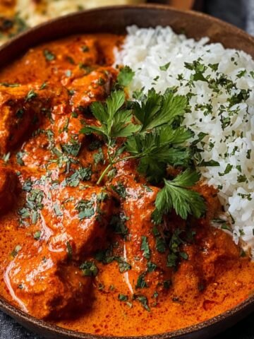 A bowl of creamy butter chicken recipe garnished with fresh cilantro, served with steamed basmati rice. In the background, there is a side of garlic naan on a wooden plate.