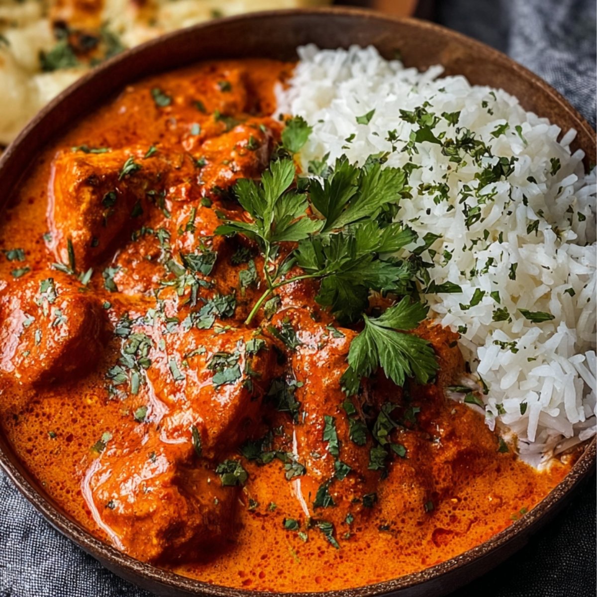 A bowl of creamy butter chicken recipe garnished with fresh cilantro, served with steamed basmati rice. In the background, there is a side of garlic naan on a wooden plate.