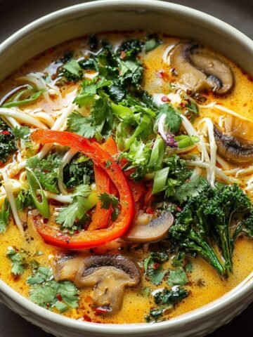 Bowl of coconut curry soup topped with red peppers, mushrooms, cilantro, green onions, kale, and bean sprouts. The rich broth is creamy with visible chili oil and herbs, served in a rustic setting.
