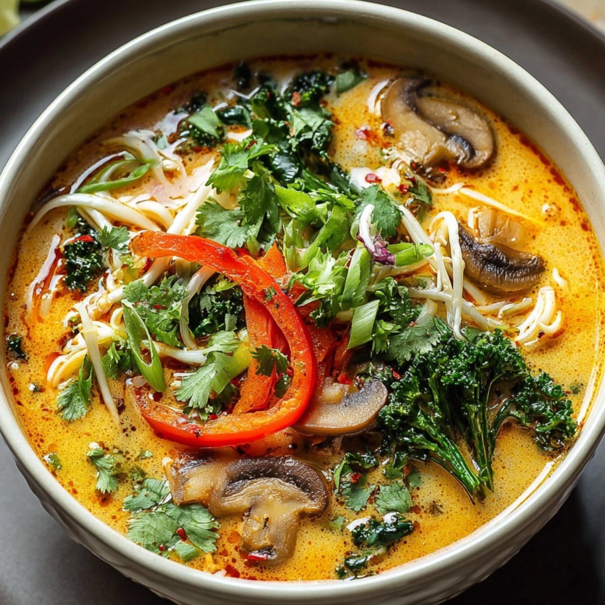 Bowl of coconut curry soup topped with red peppers, mushrooms, cilantro, green onions, kale, and bean sprouts. The rich broth is creamy with visible chili oil and herbs, served in a rustic setting.