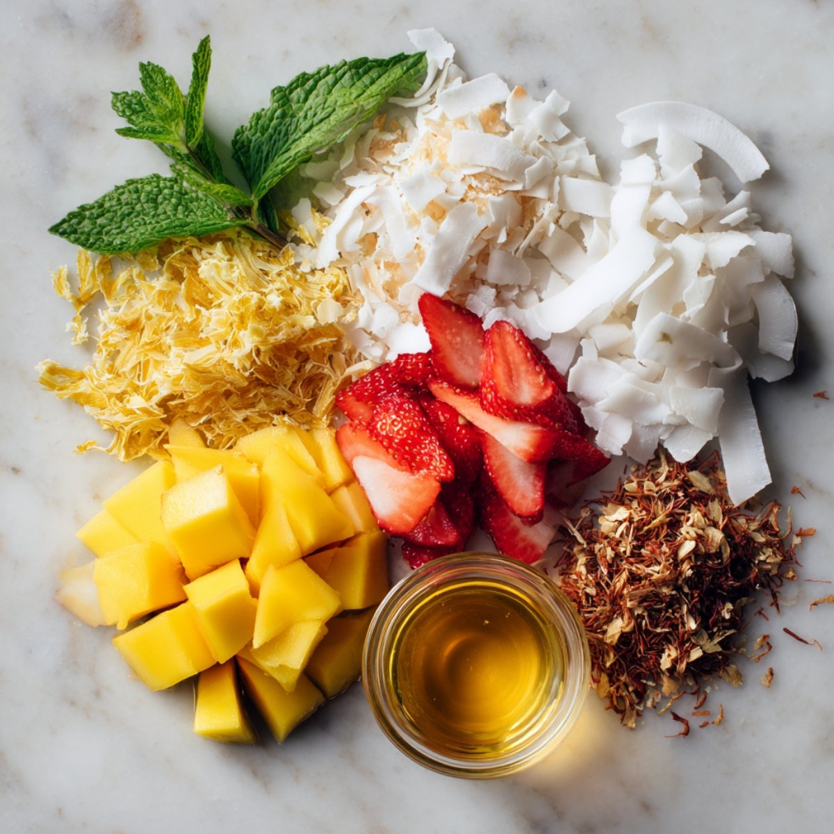 A variety of fresh and dried toppings arranged on a marble surface, including fresh mint leaves, toasted coconut flakes, fresh coconut strips, diced mango, sliced strawberries, yellow dried flower petals, dried red and yellow flower petals, and a small glass bowl filled with golden syrup or honey.