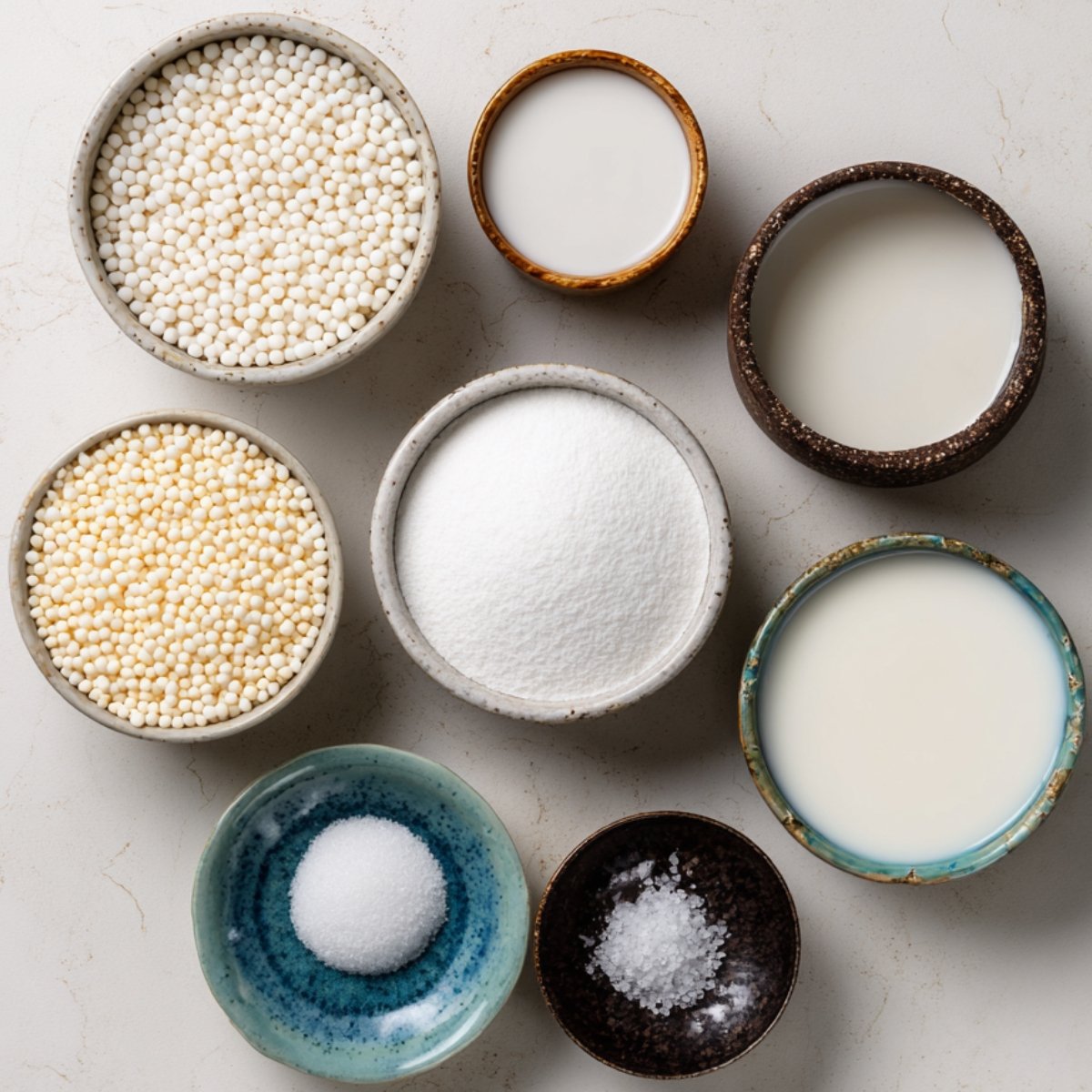 An assortment of ingredients for coconut tapioca pudding, including tapioca pearls, coconut milk, sugar, salt, and regular milk arranged in small bowls.