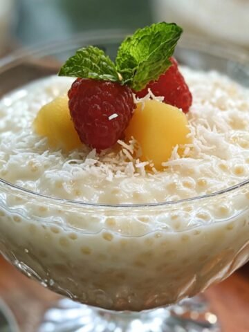 A glass dessert cup with coconut tapioca pudding topped with diced mango, raspberries, shredded coconut, and a sprig of fresh mint, with a spoon placed nearby.