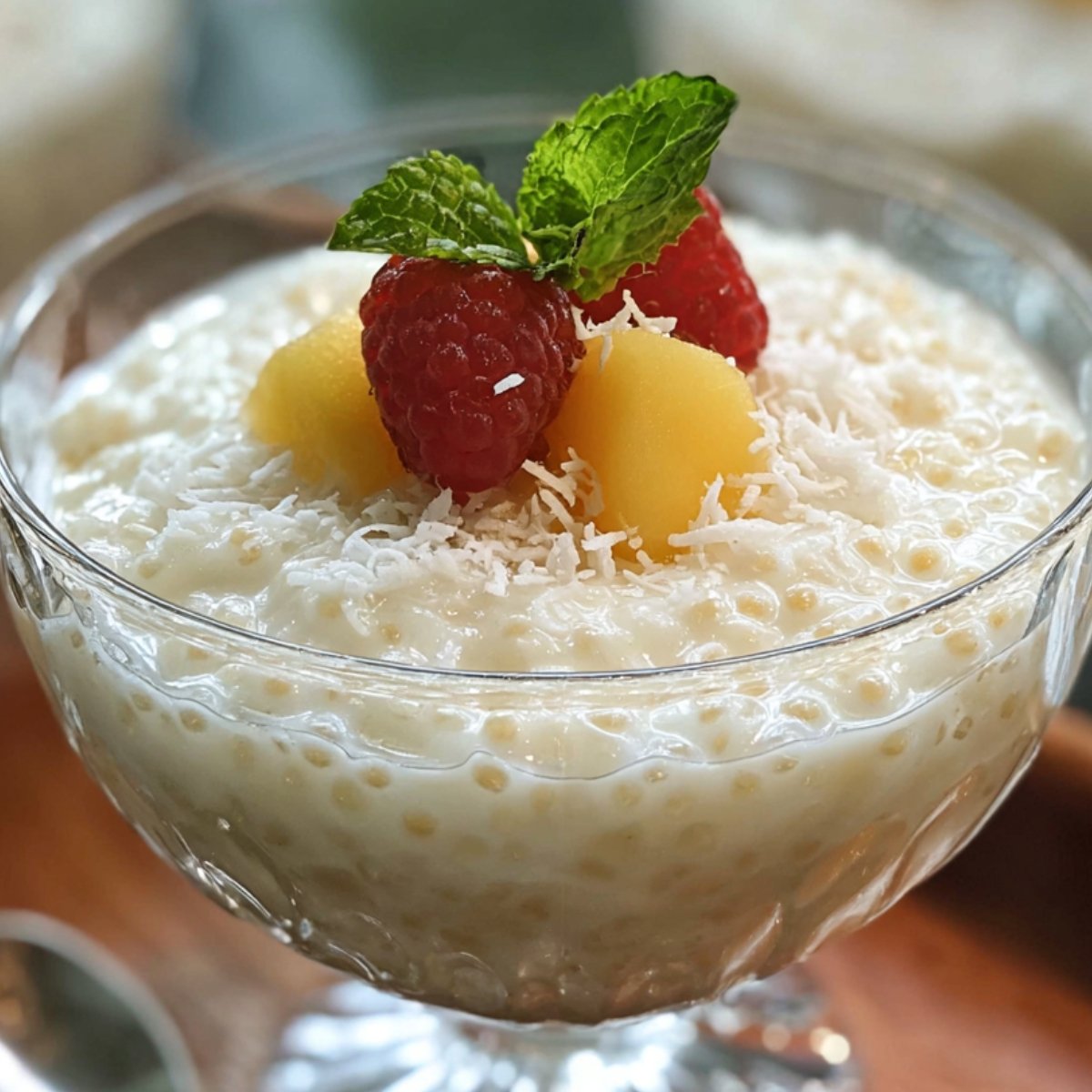 A glass dessert cup with coconut tapioca pudding topped with diced mango, raspberries, shredded coconut, and a sprig of fresh mint, with a spoon placed nearby.