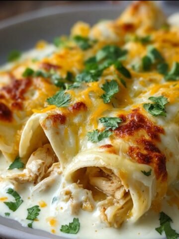 Creamy white chicken enchiladas served on a plate, topped with melted cheese and fresh chopped cilantro.