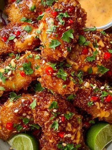 A bowl of crispy bang bang chicken wings coated in a spicy-sweet glaze, garnished with chopped cilantro, red chili, sesame seeds, and served with lime wedges and a creamy dipping sauce on the side.