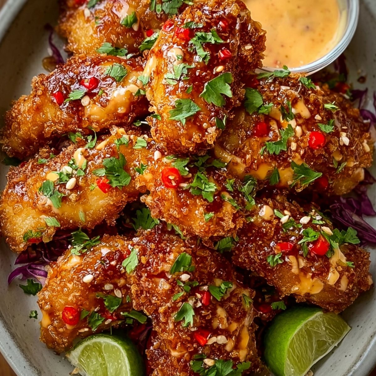 A bowl of crispy bang bang chicken wings coated in a spicy-sweet glaze, garnished with chopped cilantro, red chili, sesame seeds, and served with lime wedges and a creamy dipping sauce on the side.