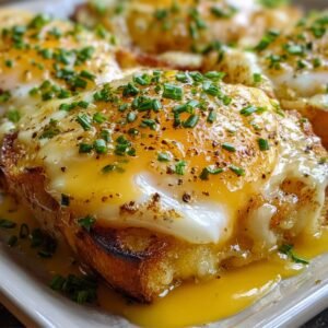Four slices of toasted bread topped with runny baked Eggs Benedict Casserole, melted cheese, chopped chives, and black pepper, served on a white rectangular plate.