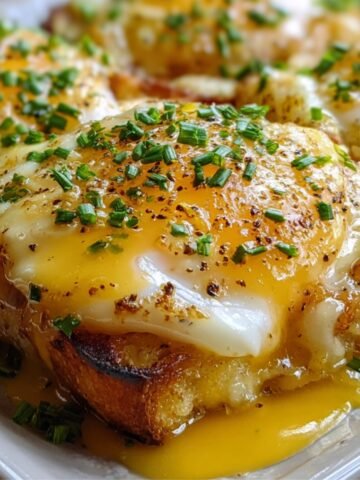 Four slices of toasted bread topped with runny baked Eggs Benedict Casserole, melted cheese, chopped chives, and black pepper, served on a white rectangular plate.