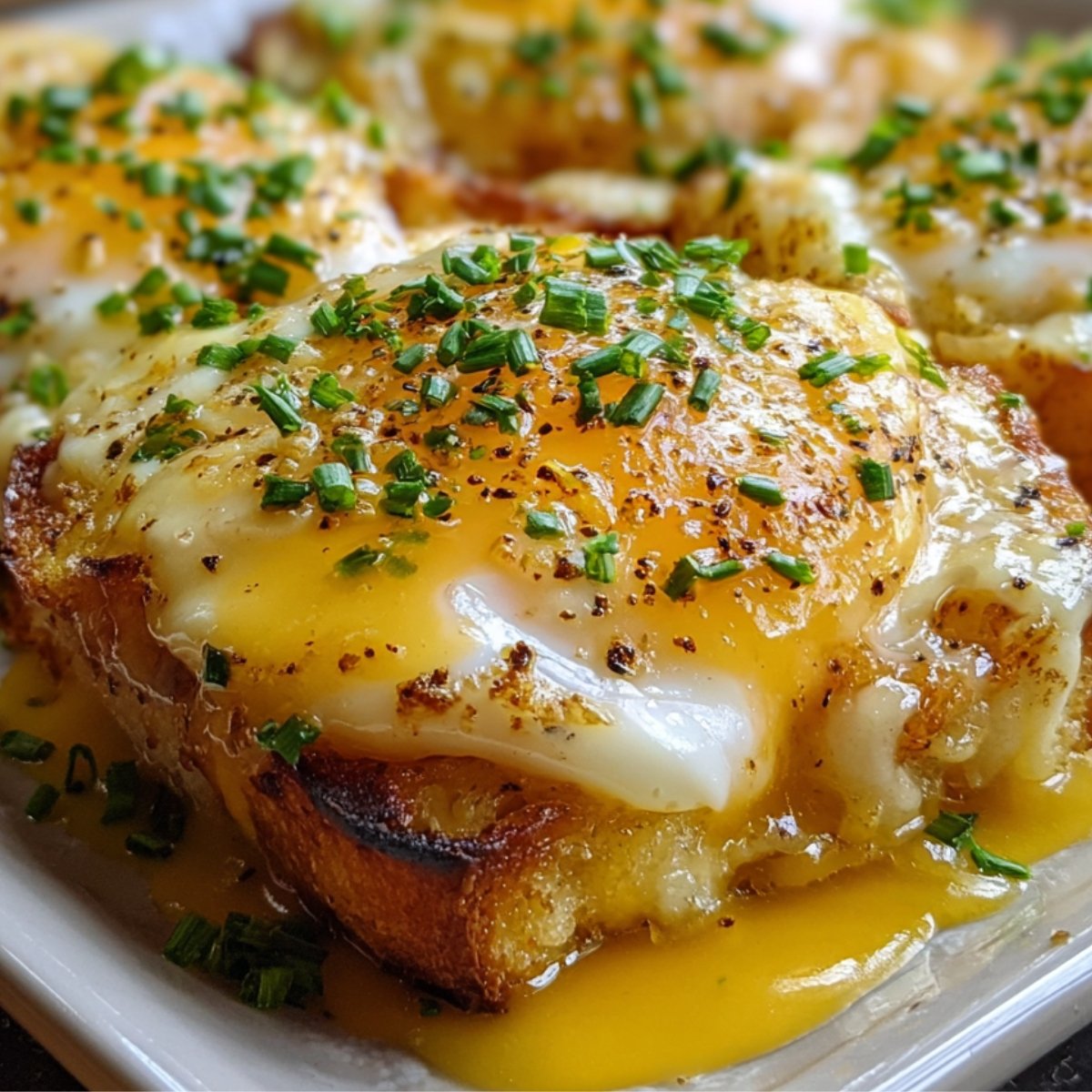 Four slices of toasted bread topped with runny baked Eggs Benedict Casserole, melted cheese, chopped chives, and black pepper, served on a white rectangular plate.