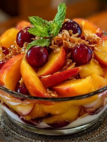 A vibrant peach fruit salad layered in a glass bowl with cherries, granola, and mint on top, served over yogurt or cream.