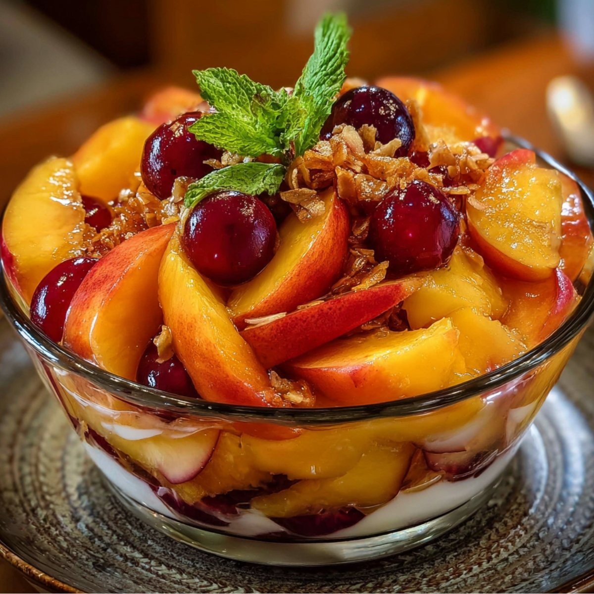 A vibrant peach fruit salad layered in a glass bowl with cherries, granola, and mint on top, served over yogurt or cream.