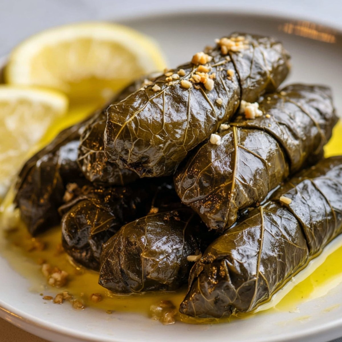 A plate of cooked Greek Dolmades drizzled with olive oil and topped with minced garlic, served with lemon wedges. Glossy grape leaves and golden oil reflect soft natural lighting.