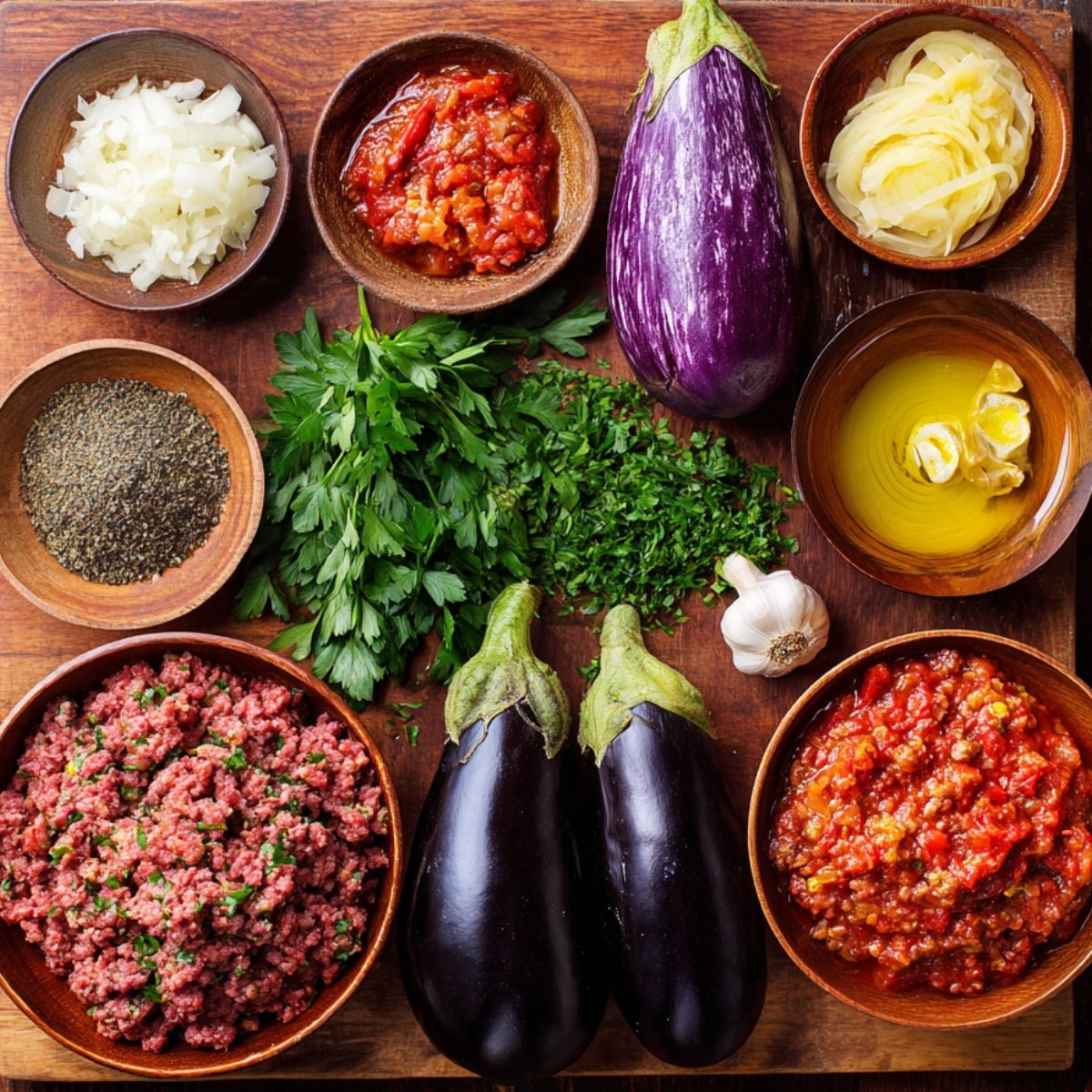 Ingredients for a creamy béchamel sauce laid out on a light surface: flour, grated cheese, butter, milk sauce seasoned with pepper, eggs, olive oil, and red pepper flakes, presented in small ceramic bowls.