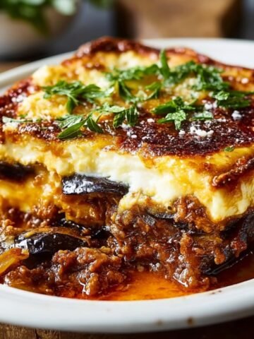 A serving of baked eggplant moussaka recipe with visible layers of meat sauce, creamy béchamel, and roasted eggplant, topped with golden-brown cheese and fresh herbs on a white plate.