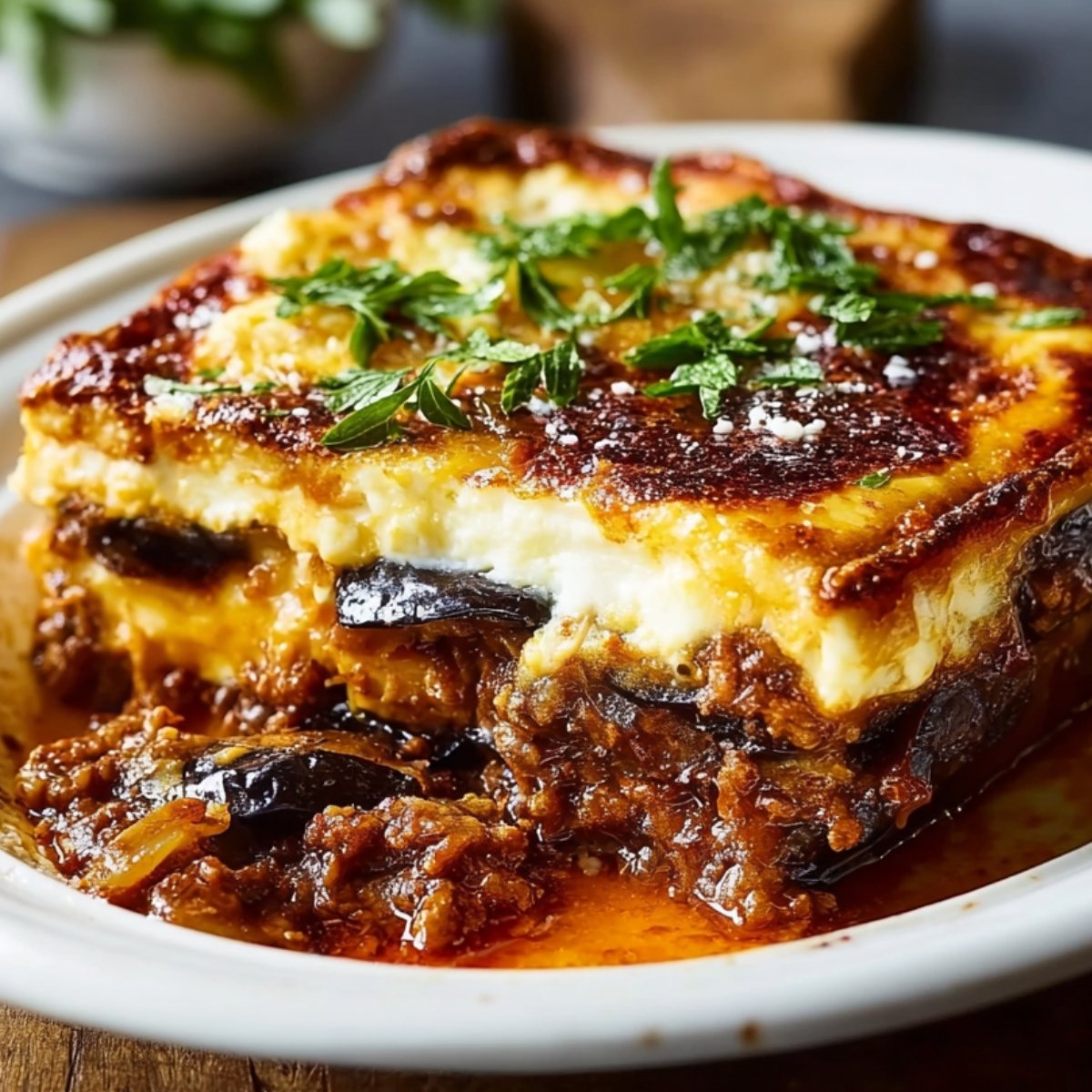 A serving of baked eggplant moussaka recipe with visible layers of meat sauce, creamy béchamel, and roasted eggplant, topped with golden-brown cheese and fresh herbs on a white plate.