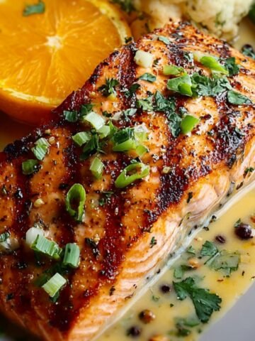 A Grilled Salmon Recipe fillet served with a citrus-herb butter sauce, garnished with chopped green onions and herbs, accompanied by asparagus, cauliflower, and a halved orange.