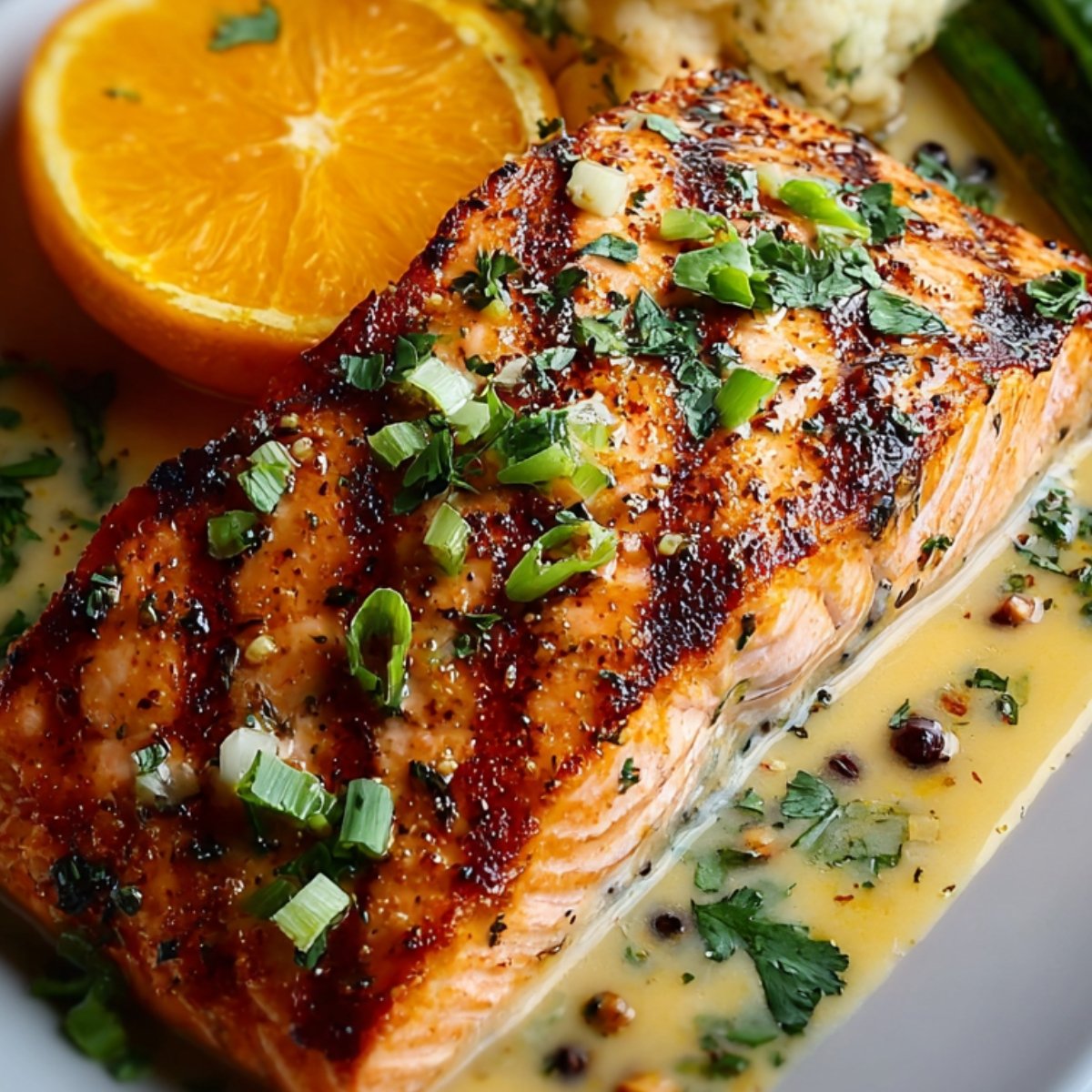A Grilled Salmon Recipe fillet served with a citrus-herb butter sauce, garnished with chopped green onions and herbs, accompanied by asparagus, cauliflower, and a halved orange.
