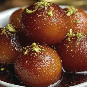 Traditional Indian Gulab Jamun dessert served in a white bowl, featuring golden-brown fried milk balls soaked in sugar syrup and garnished with chopped pistachios.