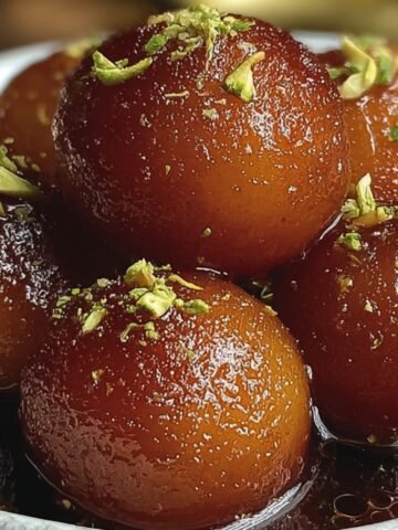 Traditional Indian Gulab Jamun dessert served in a white bowl, featuring golden-brown fried milk balls soaked in sugar syrup and garnished with chopped pistachios.