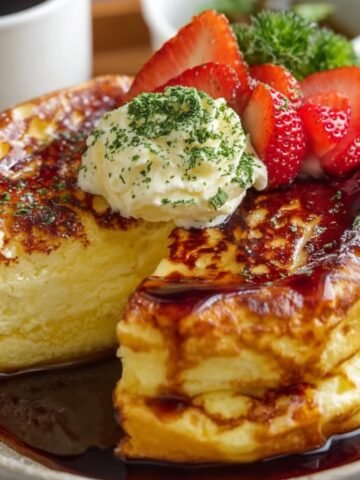 Plateau contenant des Japanese Pancake épais et moelleux, garnis de fraises fraîches, crème fouettée et sirop, accompagnés d’une tasse de café et d’un petit bol de verdure.