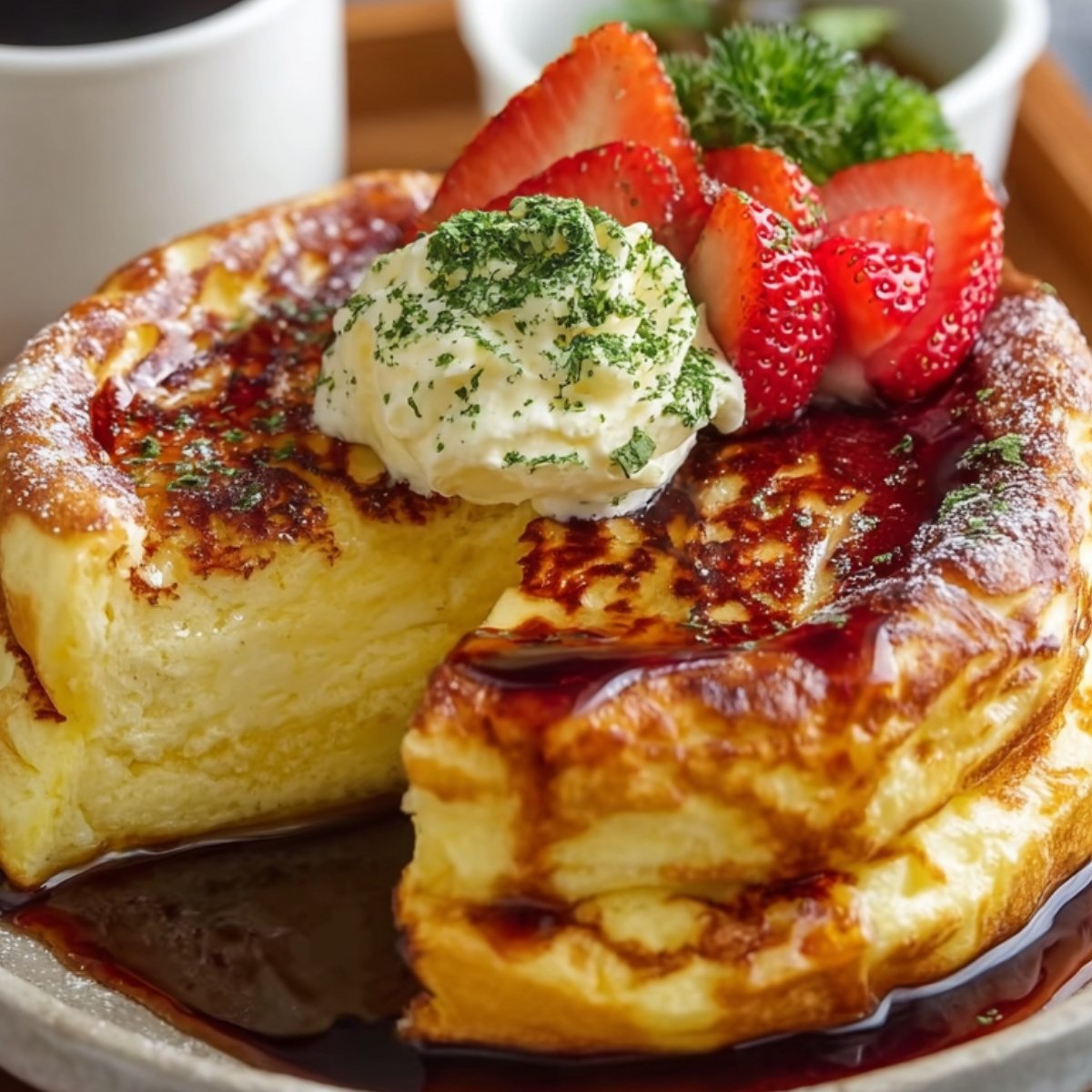 Plateau contenant des Japanese Pancake épais et moelleux, garnis de fraises fraîches, crème fouettée et sirop, accompagnés d’une tasse de café et d’un petit bol de verdure.