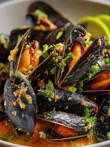 A bowl of Mussels in White Wine Sauce Recipe white wine sauce, garnished with fresh herbs and crispy garlic bits, served with lime slices.