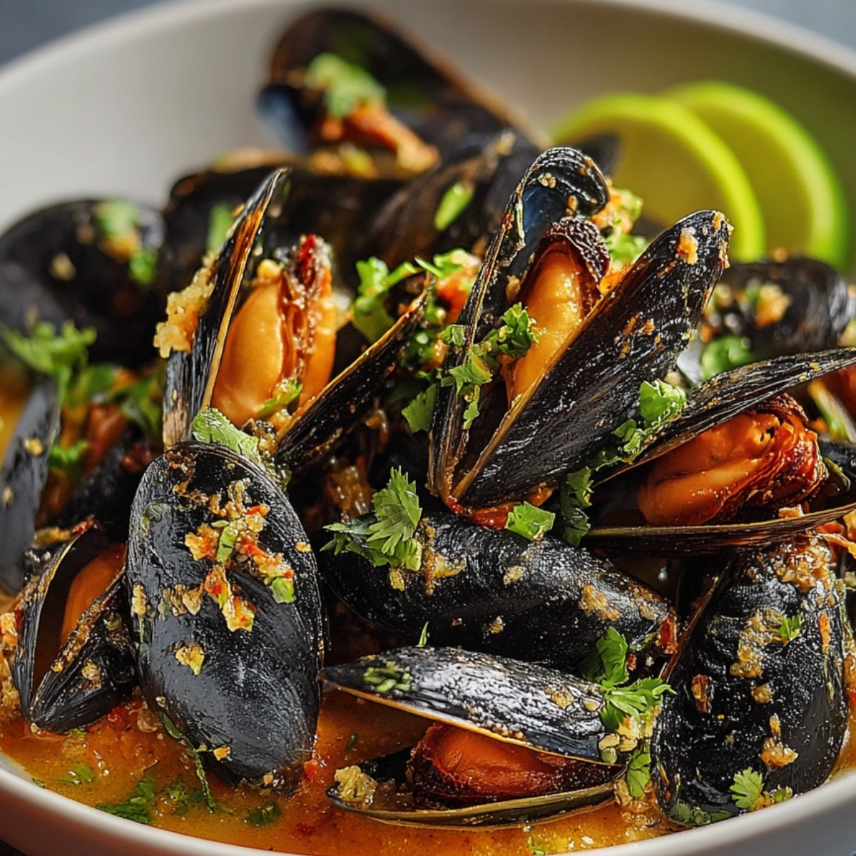 A bowl of Mussels in White Wine Sauce Recipe white wine sauce, garnished with fresh herbs and crispy garlic bits, served with lime slices.