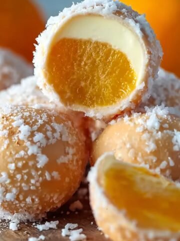 Close-up of orange creamsicle truffles, some coated in sugar and cut open to reveal a creamy white chocolate layer surrounding a bright orange center, set against a background of whole oranges.