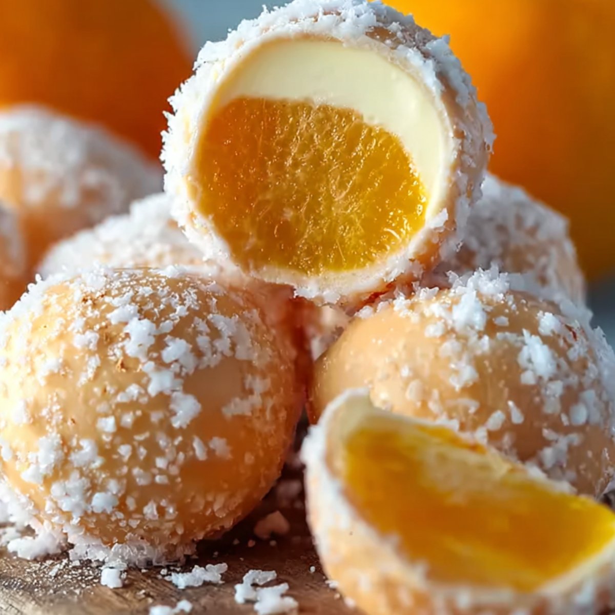 Close-up of orange creamsicle truffles, some coated in sugar and cut open to reveal a creamy white chocolate layer surrounding a bright orange center, set against a background of whole oranges.