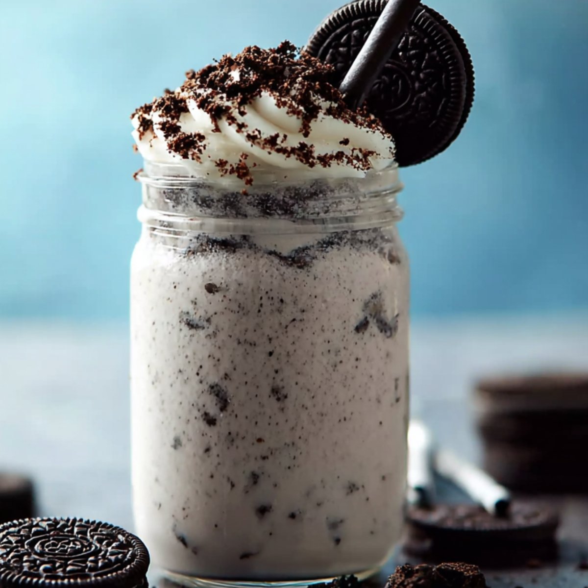 Glass jar of Oreo milkshake topped with whipped cream, crushed Oreos, and a whole Oreo cookie, with a black straw and cookies scattered around.