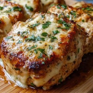 Juicy baked Parmesan Chicken Meatloaf topped with melted parmesan cheese and fresh parsley, served on a wooden board.